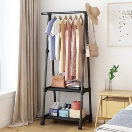 Entryway Clothes Rack, Metal Coat Rack with Storage Basket Bin, Free Standing Clothes Hanger Stand with 4 Big Hooks for Hat Bag, Mobile Hall Tree on Wheels, Bedroom Garment Drying Stand