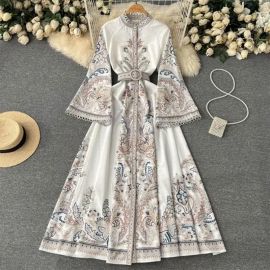 Women Retro Print Long Robe Women Round Neck Flare Sleeve Elegant Dresses Single Breasted Irregular Pleated Maxi Dress