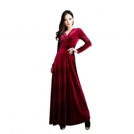 Fashion Dresses for Women Elegantes V-Neck Cross Wrap Swing Maroon Velvet Long Sleeve Vintage Cocktail Club Party A-Line Maxi Dress for party wear