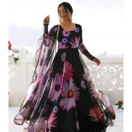 Floral Print Georgette Stitched Flared/A-line Gown